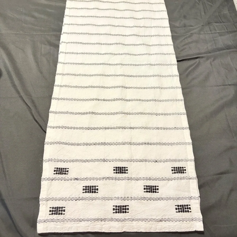 Farmhouse Table Runner White Black Striped Embroidered Boho Rustic Decor 70x14